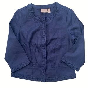 Chicos 100% Linen Ruffled Jacket Navy Blue Snap Front Feminine Natural Fiber